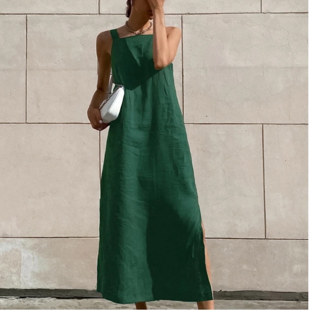 Commense Dark Green Midi Linen Dress